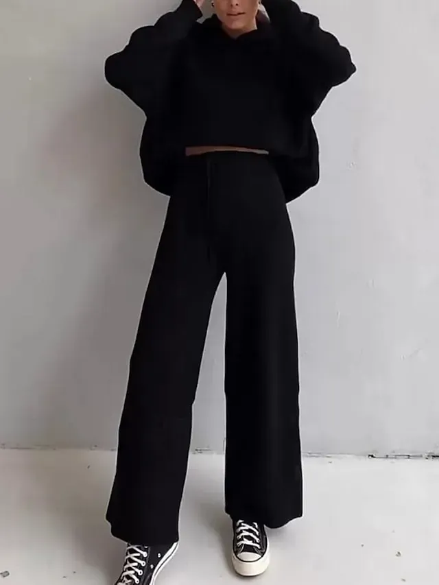 Women's Fashion Streetwear Daily Hoodie Sweatpants Long Sleeve Crew Neck Plain Drawstring Casual Daily Black White Blue Fall Regular Fit