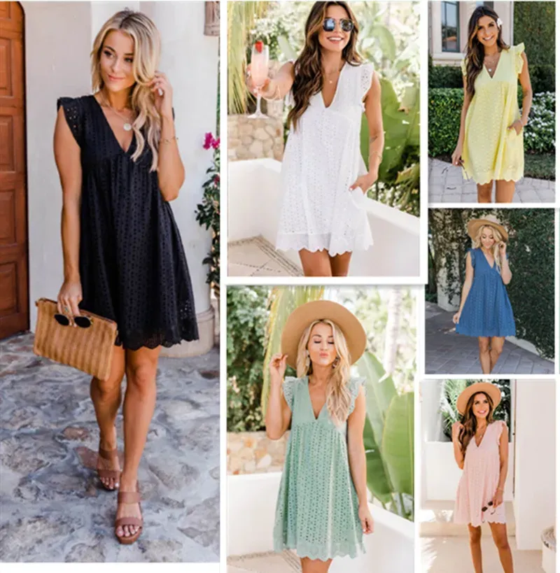 European and American women's new lace jacquard hollow V-neck dress women have pocket cloth shorts.