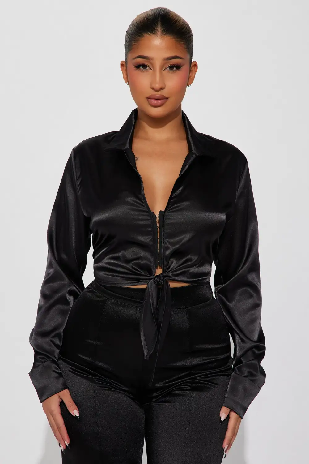 Dinner Party Satin Blouse Top - Black