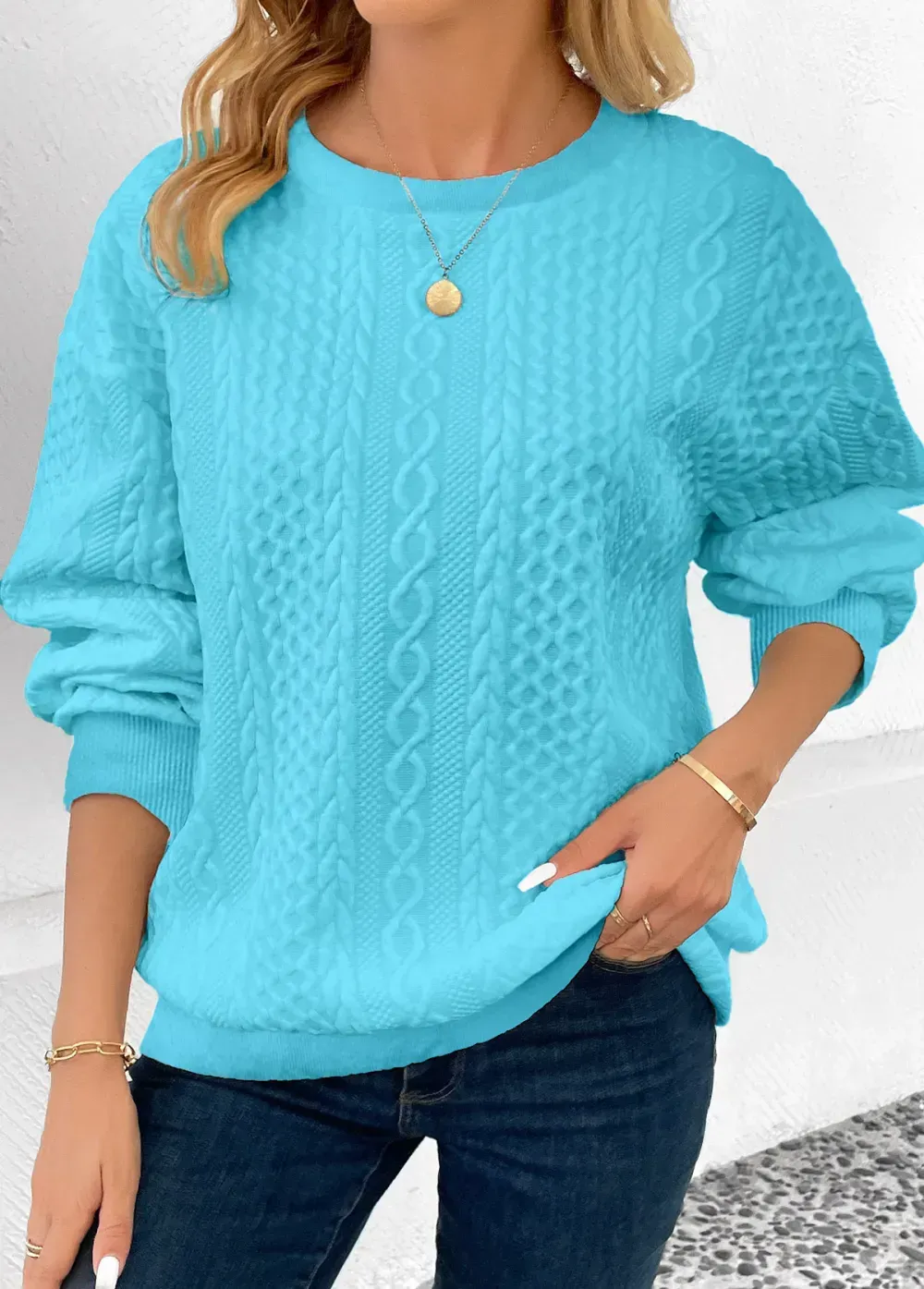 Light Blue Patchwork Long Sleeve Round Neck Sweatshirt