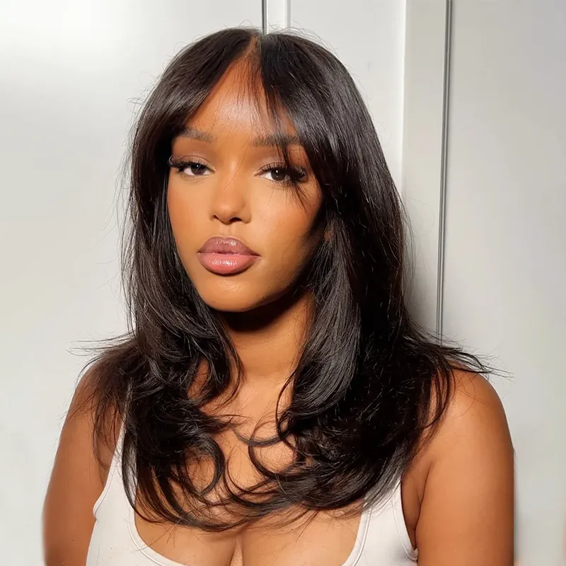 Layered Straight Hair Wig with Curtain Bang 13×6 Glueless Lace Wig Pre Bleached Sterly Hair