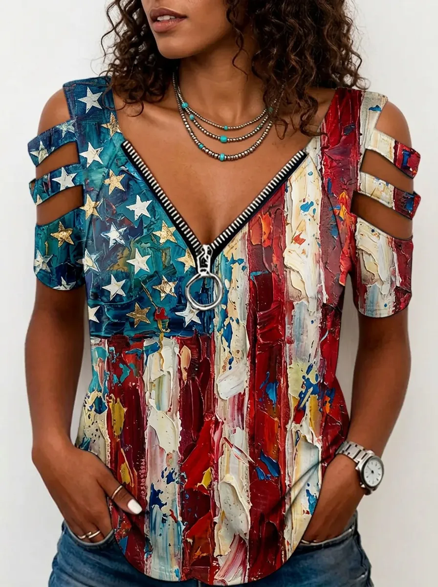 Women's Nashville USA Flag Oil Painting Printed Cold Shoulder Zipper Top