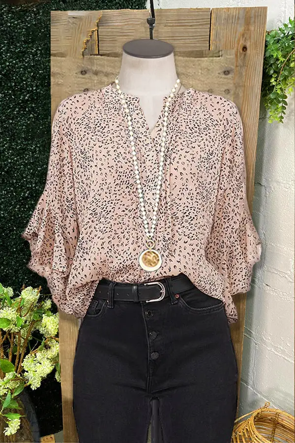 Classic Leopard Print Ruffle Sleeve Top