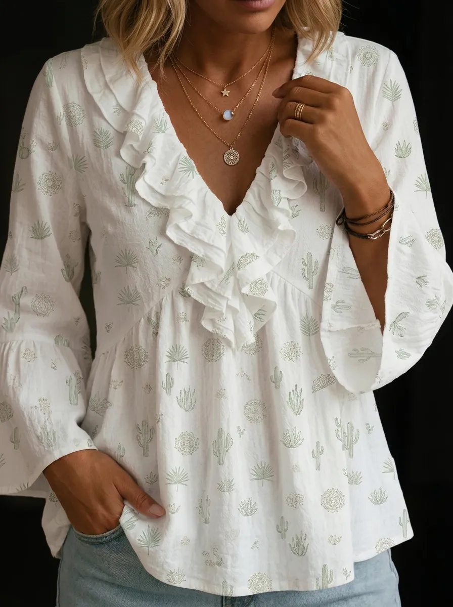 Women's Nashville Desert Cactus Printed Ruffle Top
