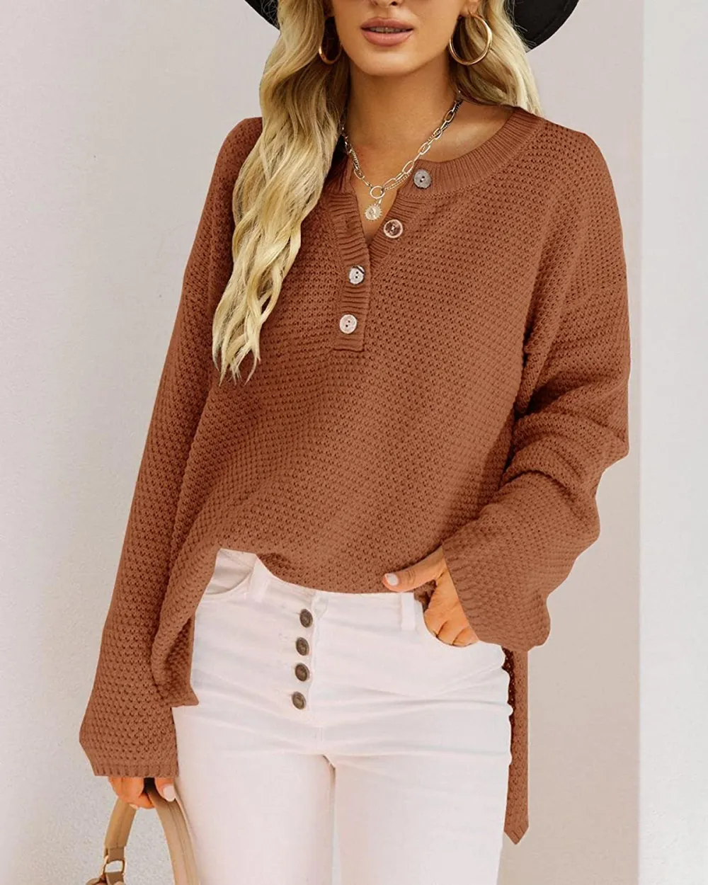 Women's Oversized Sweaters Batwing Long Sleeve Loose V Neck Button Henley Tops Pullover Knit Jumper