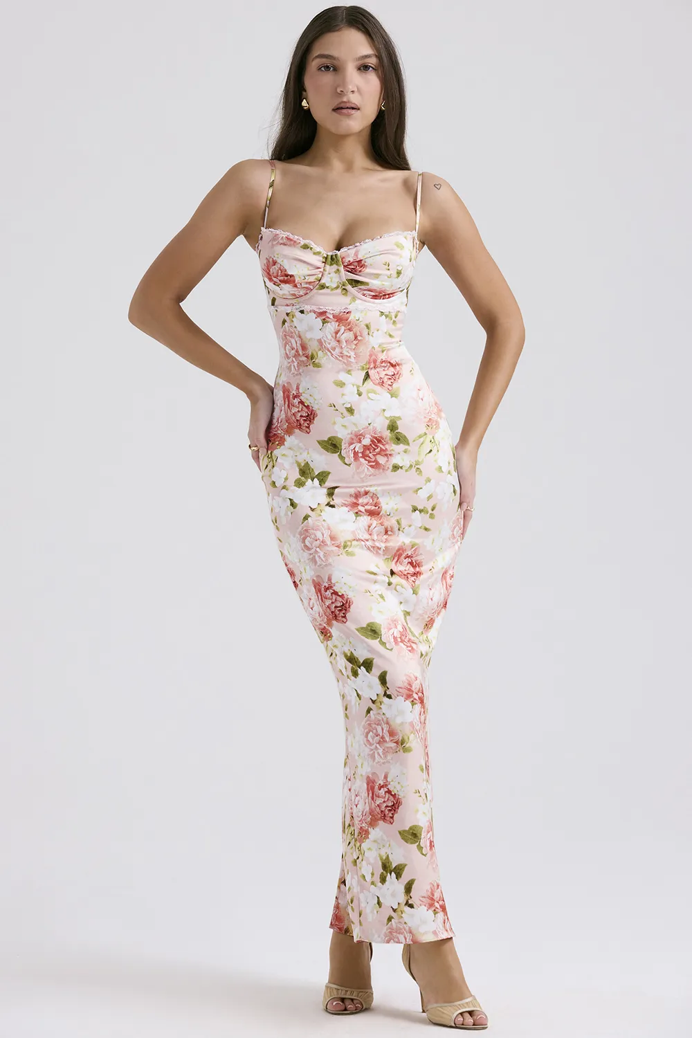 PINK PEONY PRINT SATIN MAXI DRESS