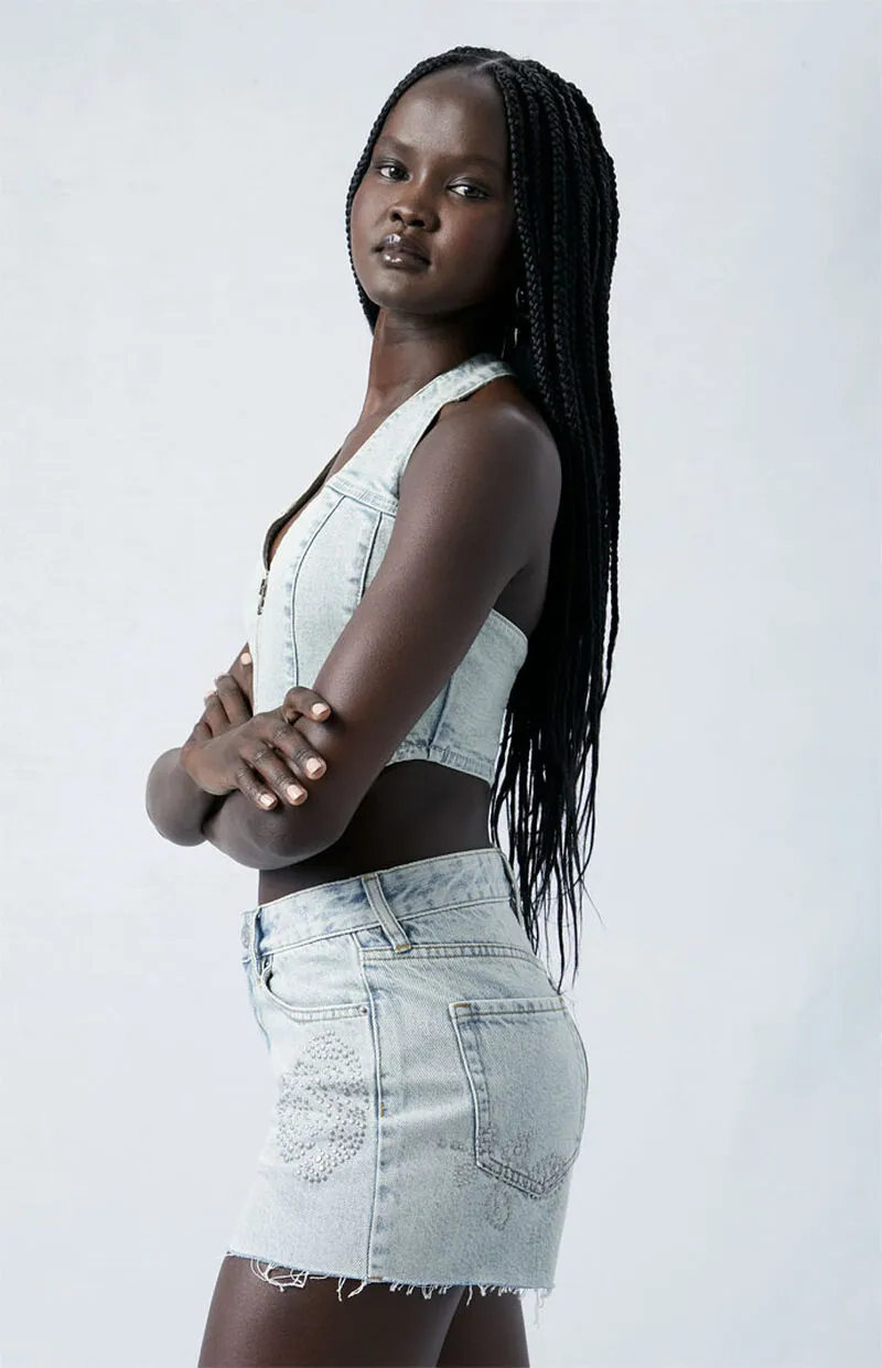 PacSun Eco Light Indigo Studded High Waisted Denim Festival Shorts