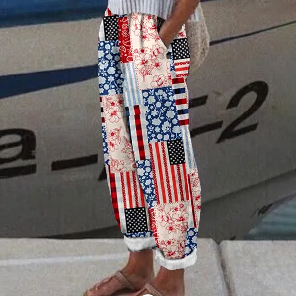 Women's Independence Day American Flag Patch Floral & Paisley Art Linen Blend Casual Pants