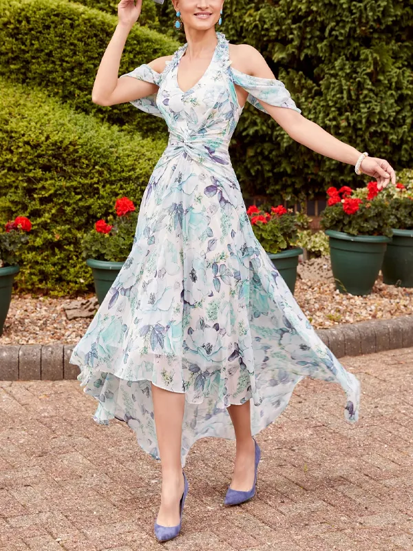 Halter Neck Off Shoulder Print Midi Dress