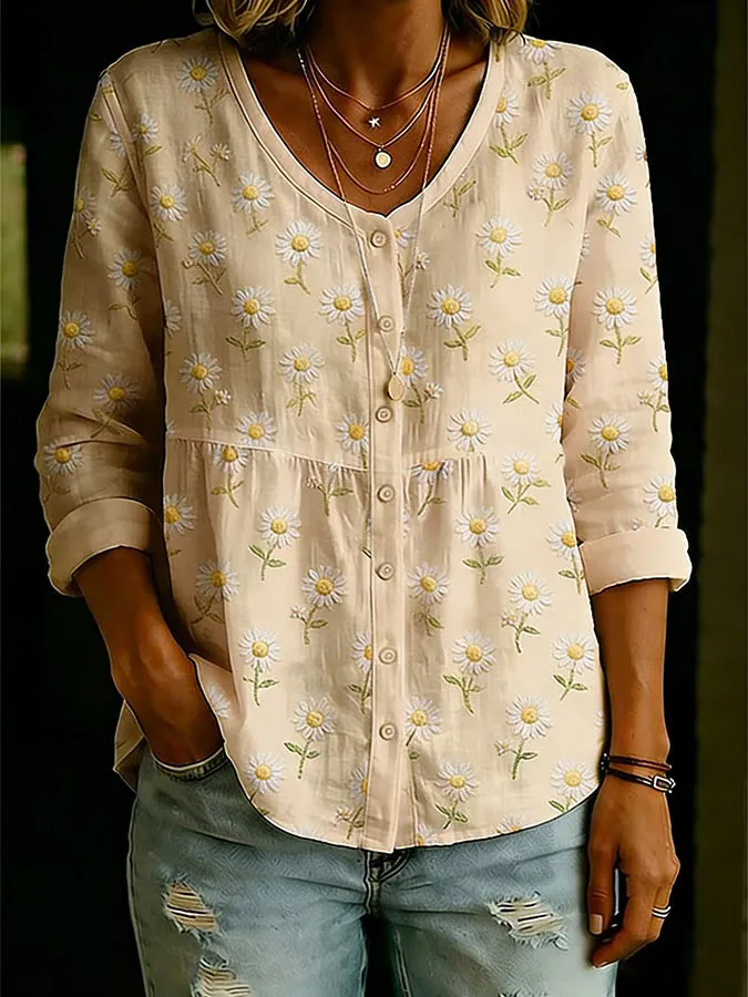 Women'S Floral Art Printed Button Round Neck Shirt