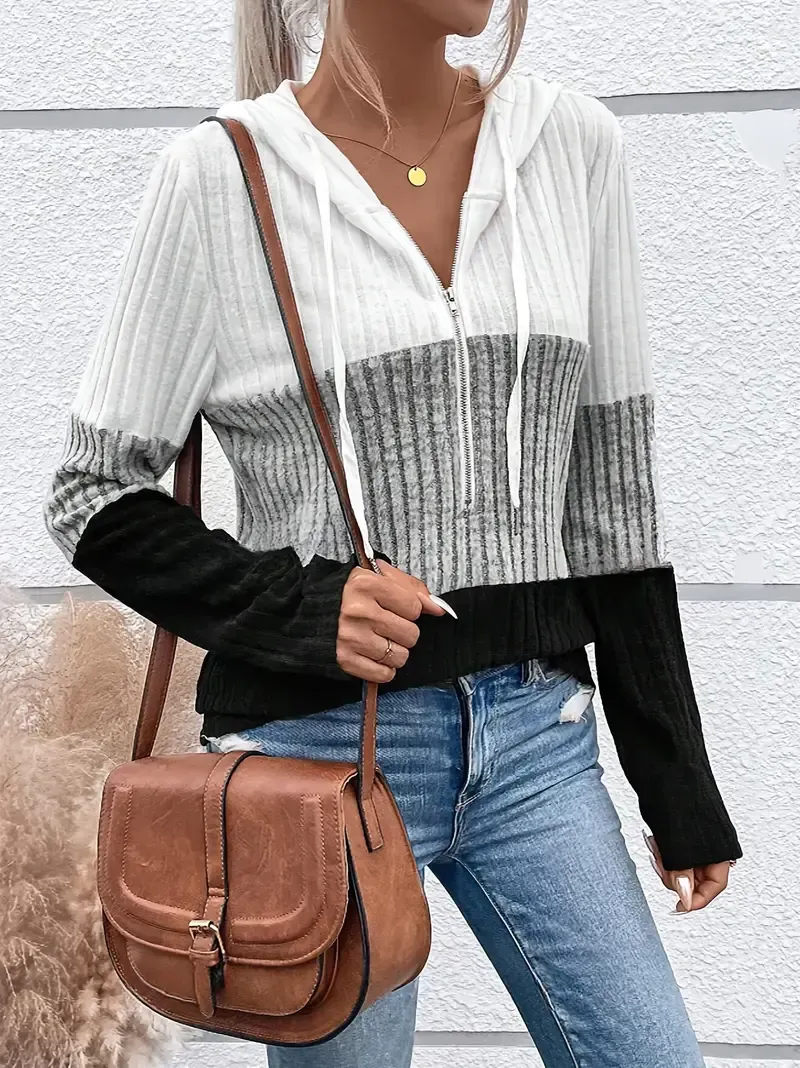 Women's Casual Color Block Zip-Up Hoodie with Drawstring - Ribbed Texture, Long Sleeves, Machine Washable, Polyester & Spandex Blend, Ideal for Spring/Fall, Oversized Hoodie
