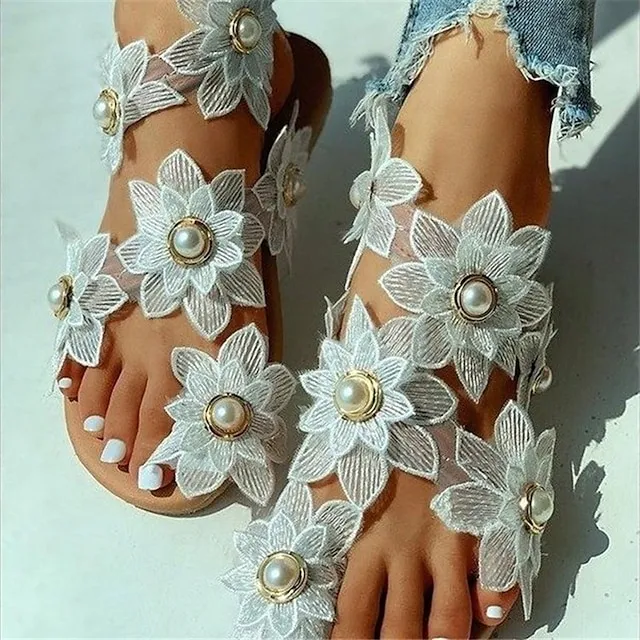 Women's Wedding Shoes Sandals Boho Bohemia Beach Flat Sandals Plus Size Wedding Party Daily Summer Imitation Pearl Flower Flat Heel Open Toe Cute Elegant Casual Walking Shoes Lace Synthetics Loafer