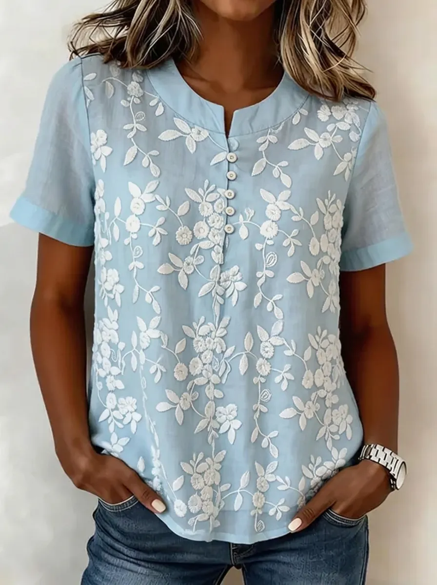 Women's Nashville Floral Embroidered Button-Down Short Sleeve Top