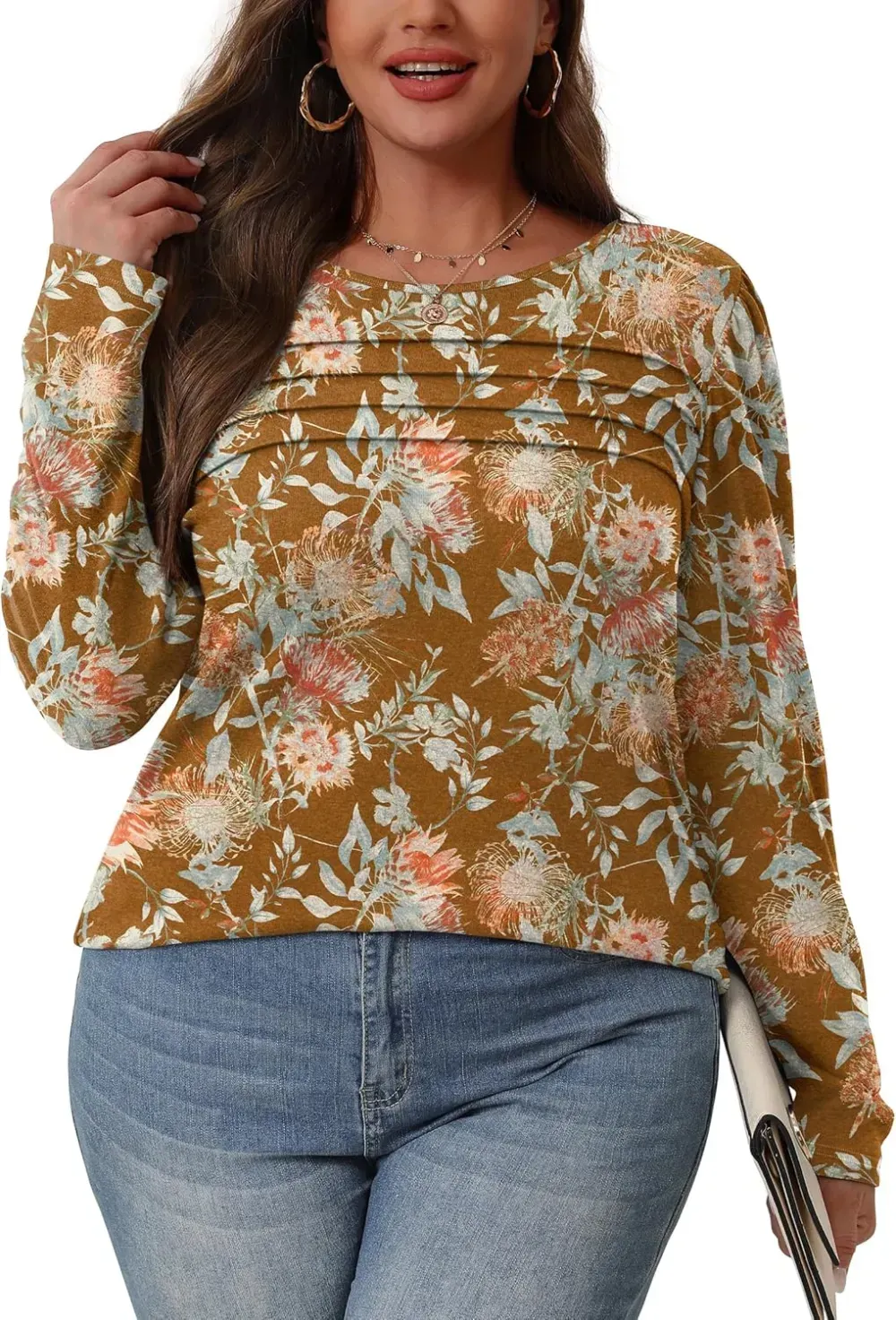 OFEEFAN Long Sleeve Shirts for Women Fall Fashion 2024 Dressy Casual Blouses Trendy Pleated Tunic Tops for Leggings