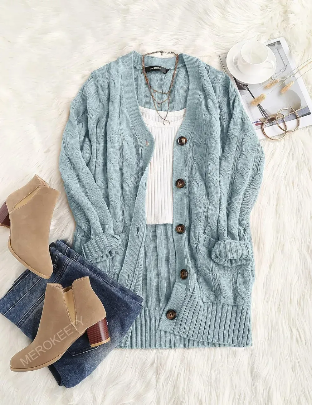 MEROKEETY Women's 2024 Fall Long Sleeve Cable Knit Sweater Open Front Cardigan Button Loose Outerwear