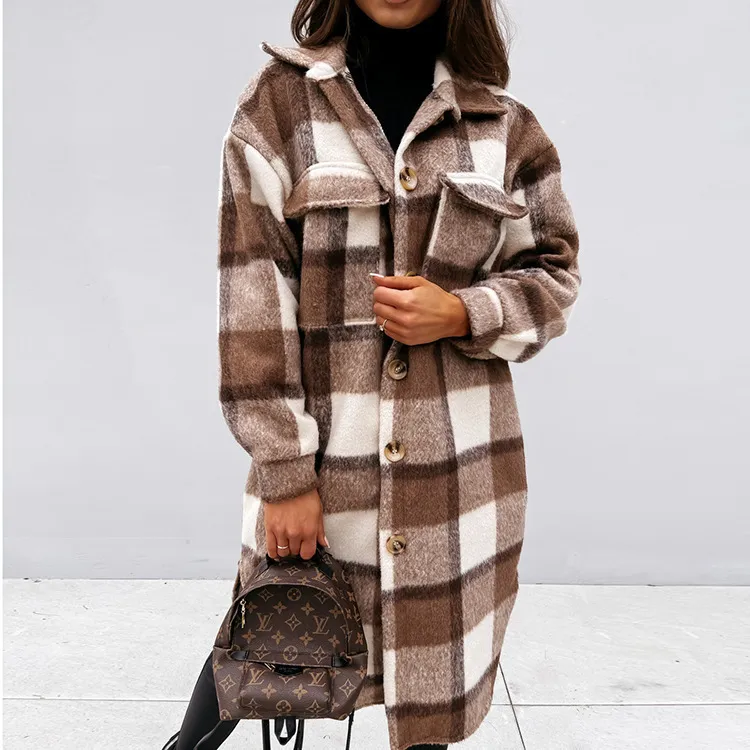 Long-sleeve Plaid Brushed Mid-length Shirt Coat