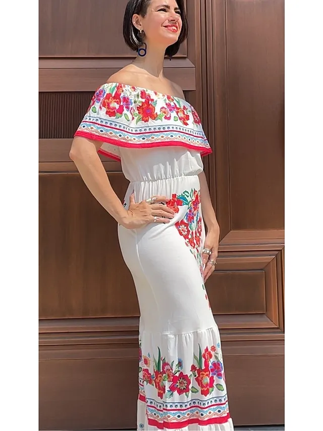 Women's Swing Dress Boho Dress Long Dress Maxi Dress Black White Yellow Short Sleeve Floral Cold Shoulder Summer Spring Off Shoulder Romantic Vacation Summer Dress Spring Dress Regular Fit 2023 S M L