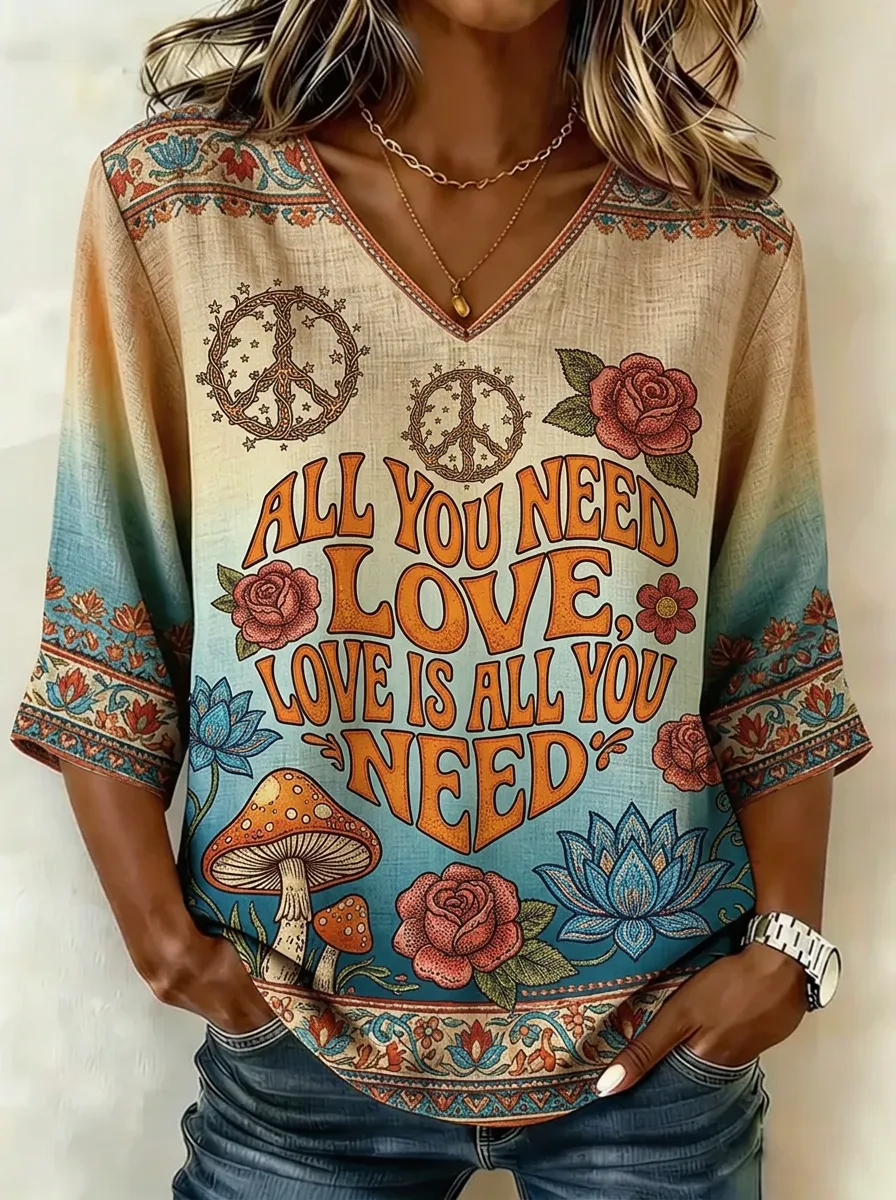Women's Nashville Hippie Peace Rose Mushroom Printed V-neck Top