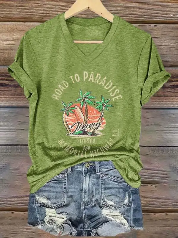 V Neck Retro Vacation Palm Trees Jimmy Memorial Highway Florida Road To Paradise Print T-Shirt