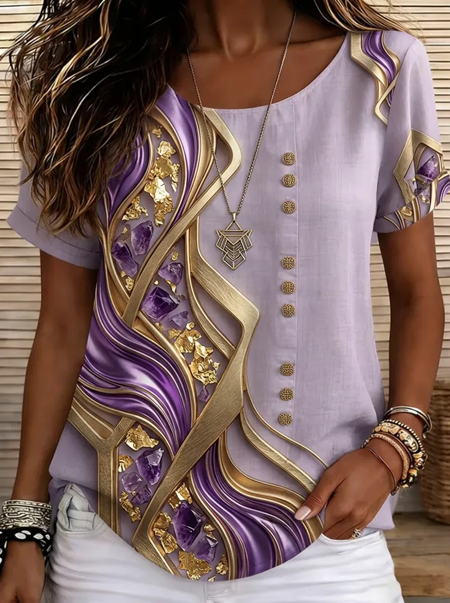 Women's Nashville Amethyst Gold Foil Printed Button Top