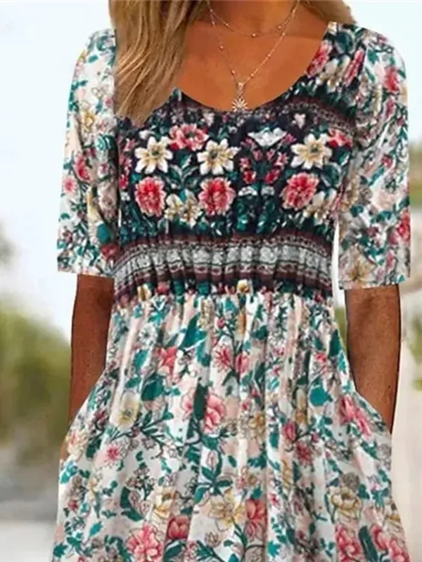 Women's Casual Dress Summer Dress Boho Dress Floral Ruched Pocket Crew Neck Midi Dress Fashion Modern Outdoor Daily Short Sleeve Regular Fit Pink Dark Blue Light Blue Summer Spring S M L XL XXL