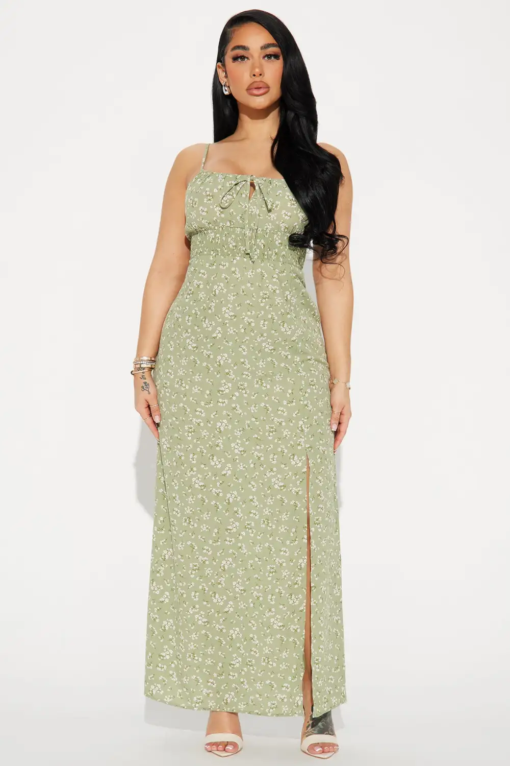 High Slit Floral Maxi Dress - Green