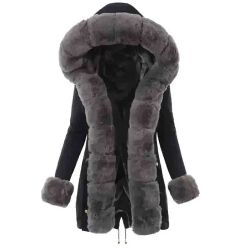 Hooded Grey Faux Fur Parka Coat