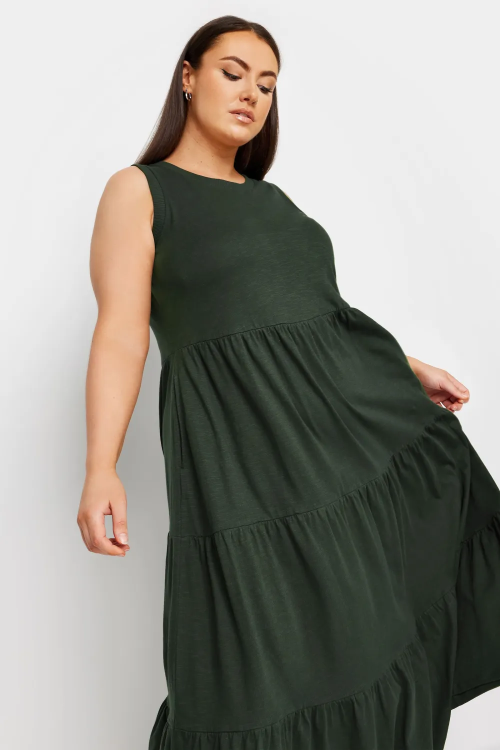 YOURS Curve Khaki Green Tiered Midaxi Dress