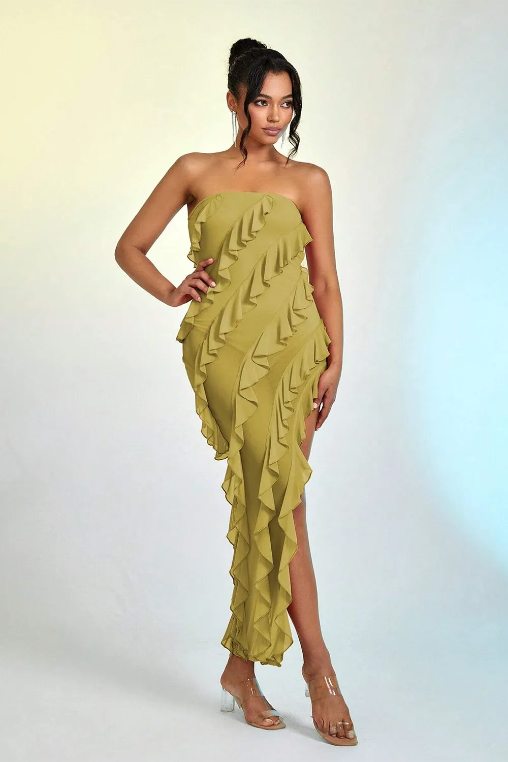 Ruffle Trim Asymmetrical Hem Mesh Tube Dress