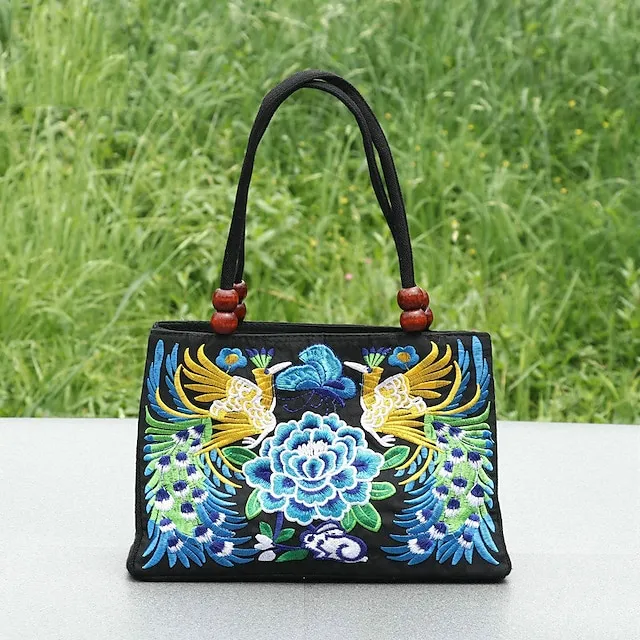 Women's Handbag Canvas Outdoor Holiday Embroidery Large Capacity Breathable Lightweight Folk Dark Red Black / Red Blue peacock
