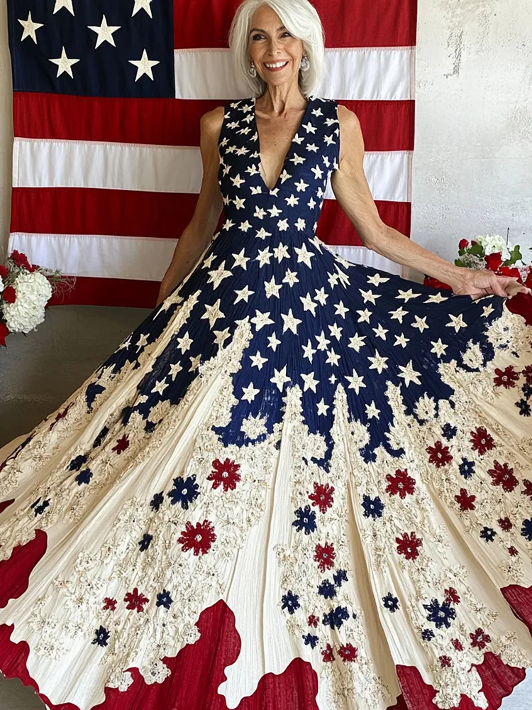 Women's Independence Day Flag And Floral Print Sleeveless V Neck Dress