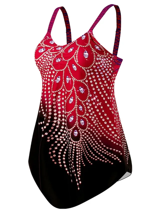 Women's Swimwear Swim Dress 2 Piece Plus Size Swimsuit for Big Busts Print Leaf Yellow Red Blue Rose Red Bathing Suits New Vacation Sporty