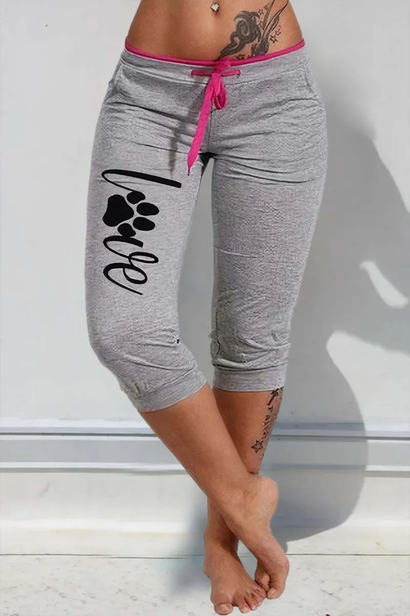 Letter & Paw Print Drawstring Contrast Binding Capris Pants