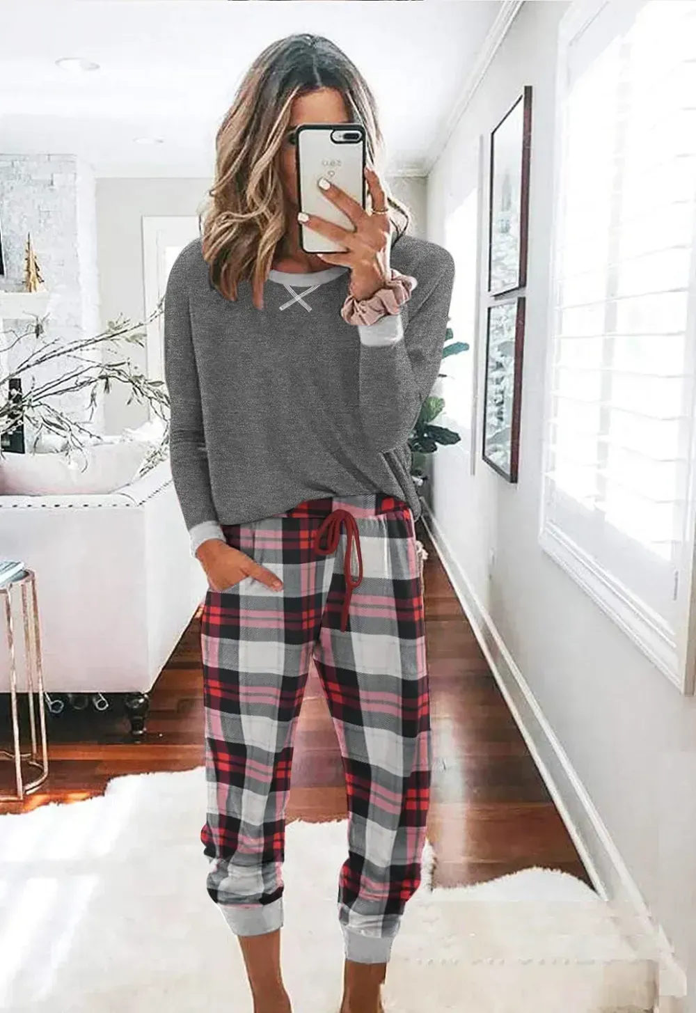 Women's Pajamas Sets Long Sleeve with Plaid Pants Soft Sleepwear O Neck 2 Piece Pjs Joggers Loung Set with Pockets