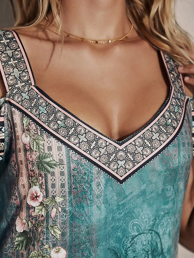 Women's Casual Dress Ethnic Dress Summer Dress Floral Tribal Cut Out Print V Neck Mini Dress Active Fashion Outdoor Daily Short Sleeve Regular Fit Red Blue Green Summer Spring S M L XL XXL