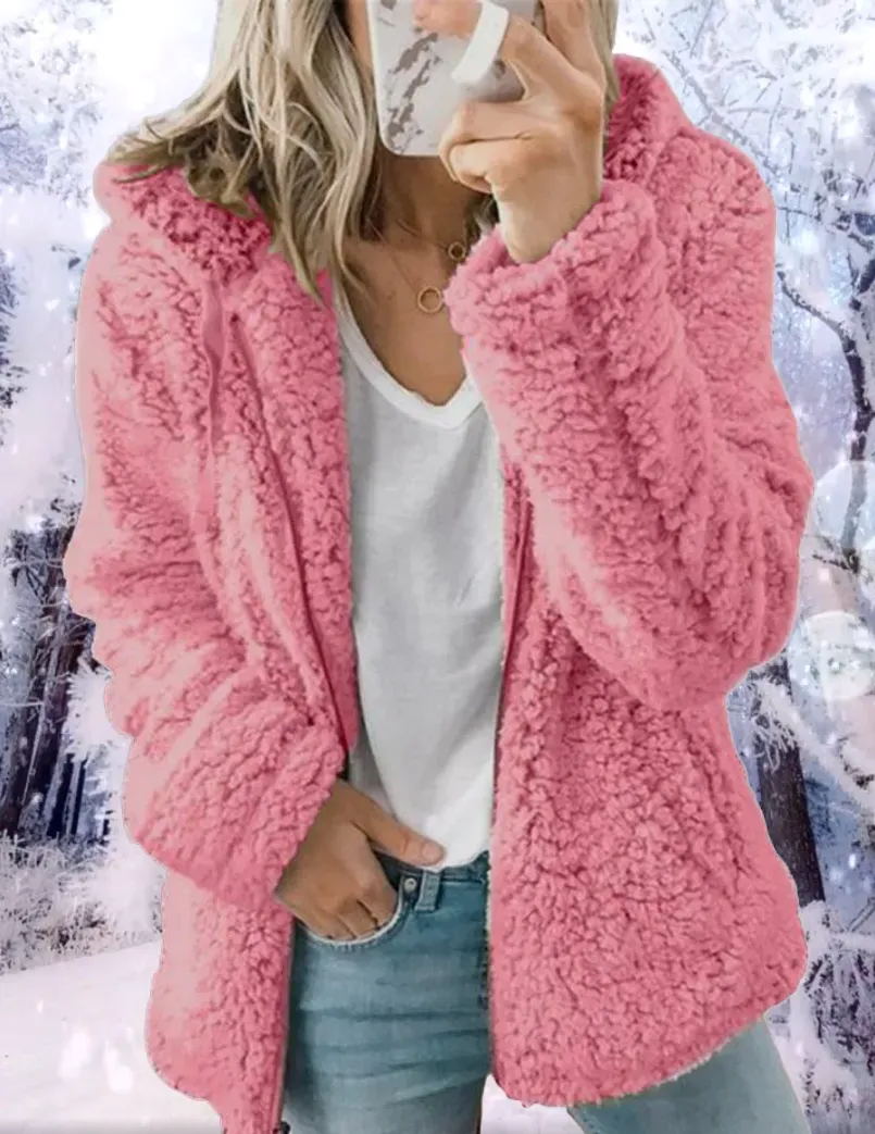 Solid Plush Hooded Zipper Coat
