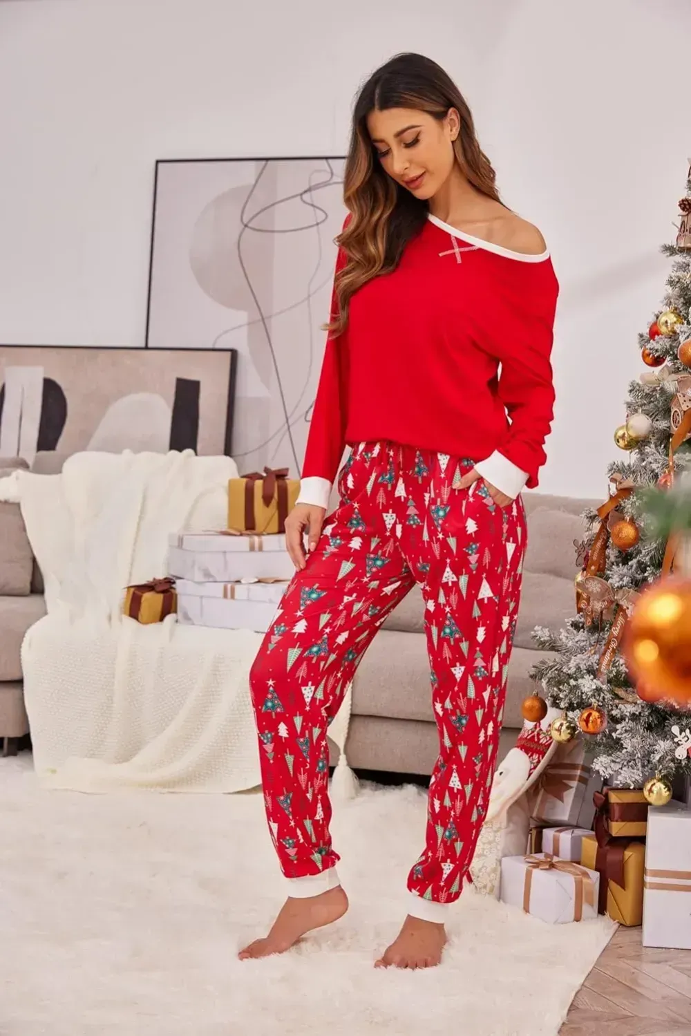 Women's Pajamas Sets Long Sleeve with Plaid Pants Soft Sleepwear O Neck 2 Piece Pjs Joggers Loung Set with Pockets