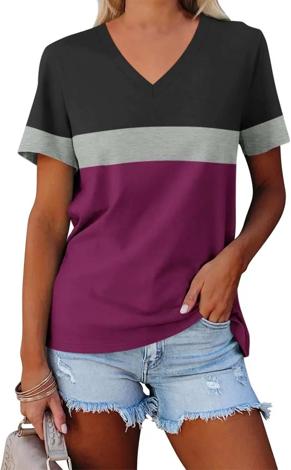 ORANDESIGNE Women's Color Block Short Sleeve T Shirts Casual V Neck Summer Tops Tees Loose Fit Blouses