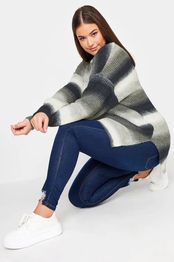 YOURS Curve Black & White Ombre Stripe Print Knitted Jumper