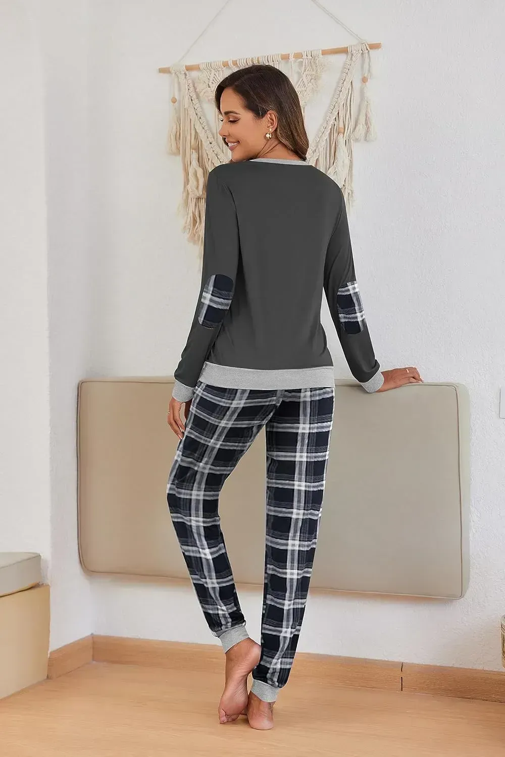 Women's Pajamas Sets Long Sleeve with Plaid Pants Soft Sleepwear O Neck 2 Piece Pjs Joggers Loung Set with Pockets