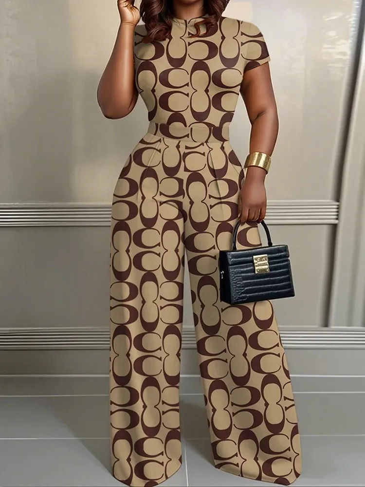 Simple Letter Print 2Pcs Set Wide Leg Jumpsuit