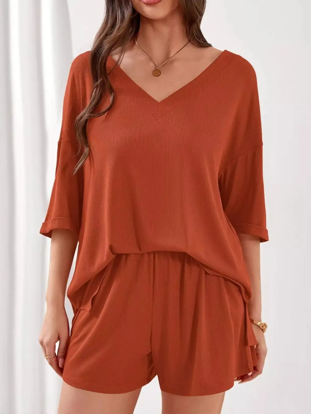 Casual V Neck Top Shorts Set