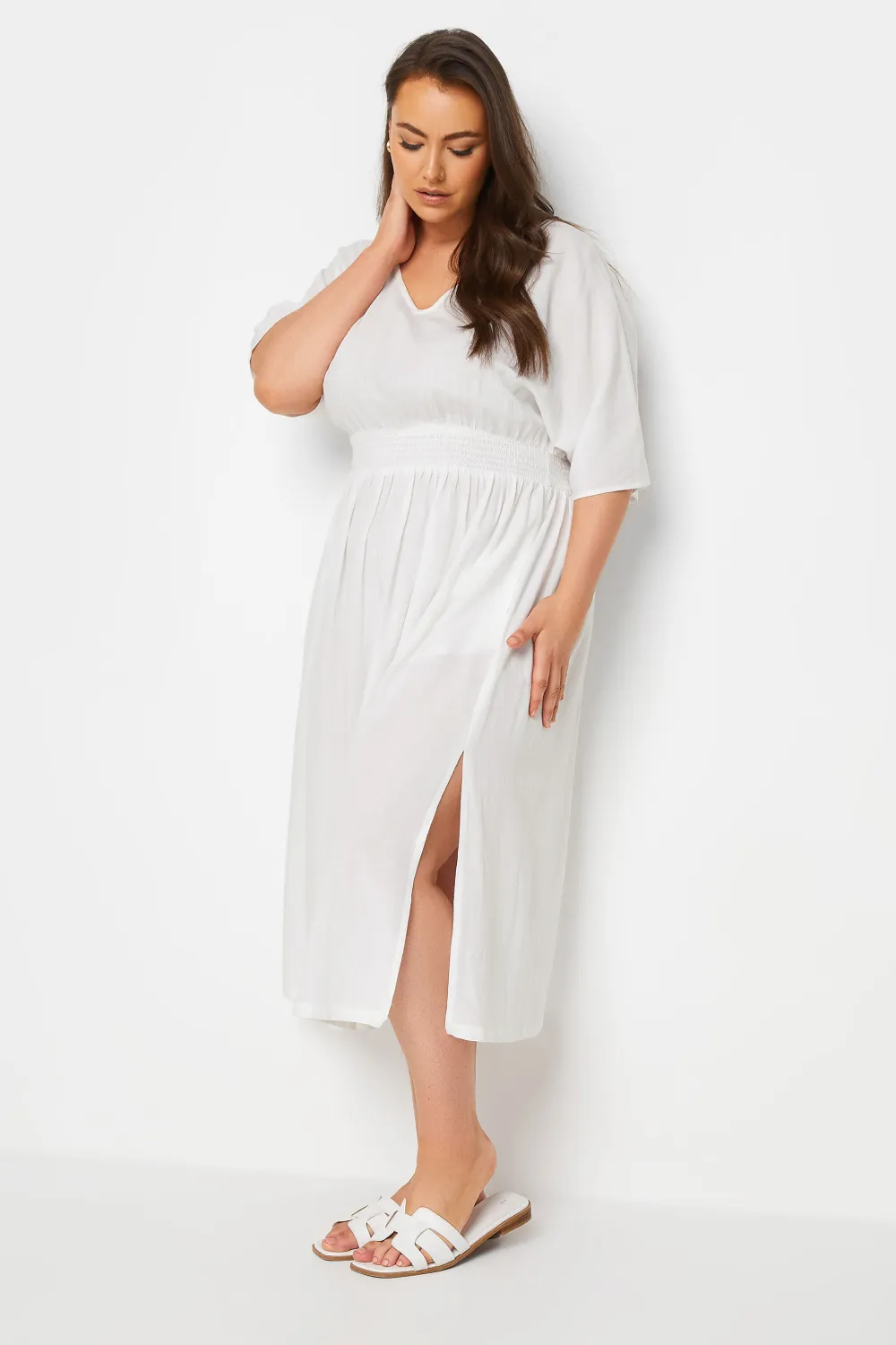 YOURS Curve White Linen Shirred Midaxi Dress
