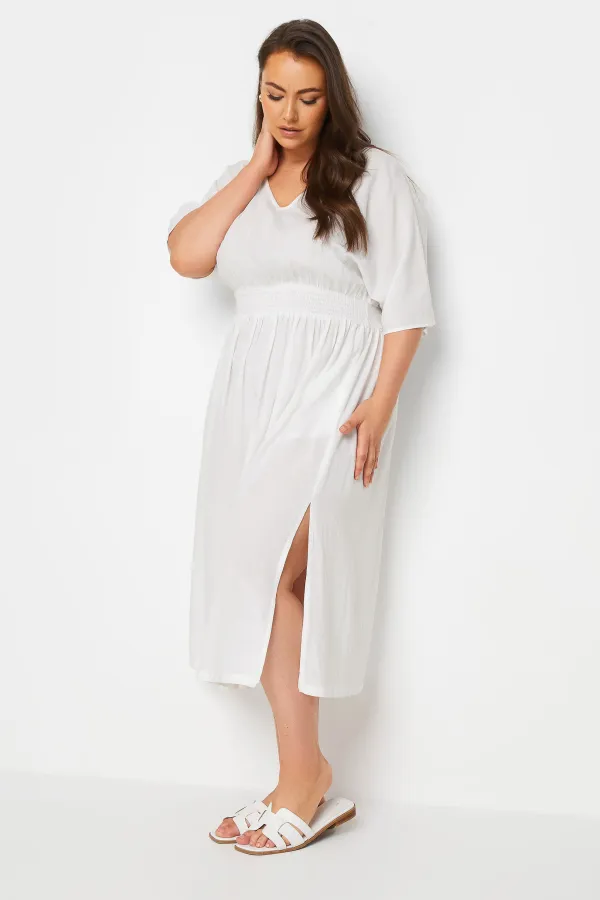 YOURS Curve White Linen Shirred Midaxi Dress