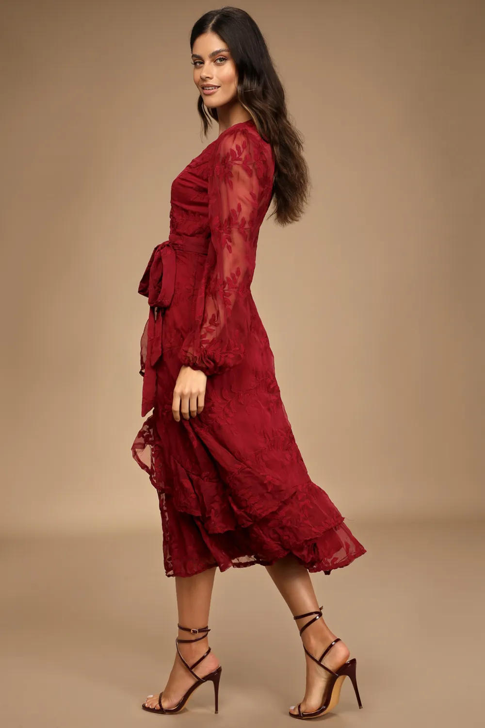 Spectacular Feeling Burgundy Embroidered Faux Wrap Midi Dress