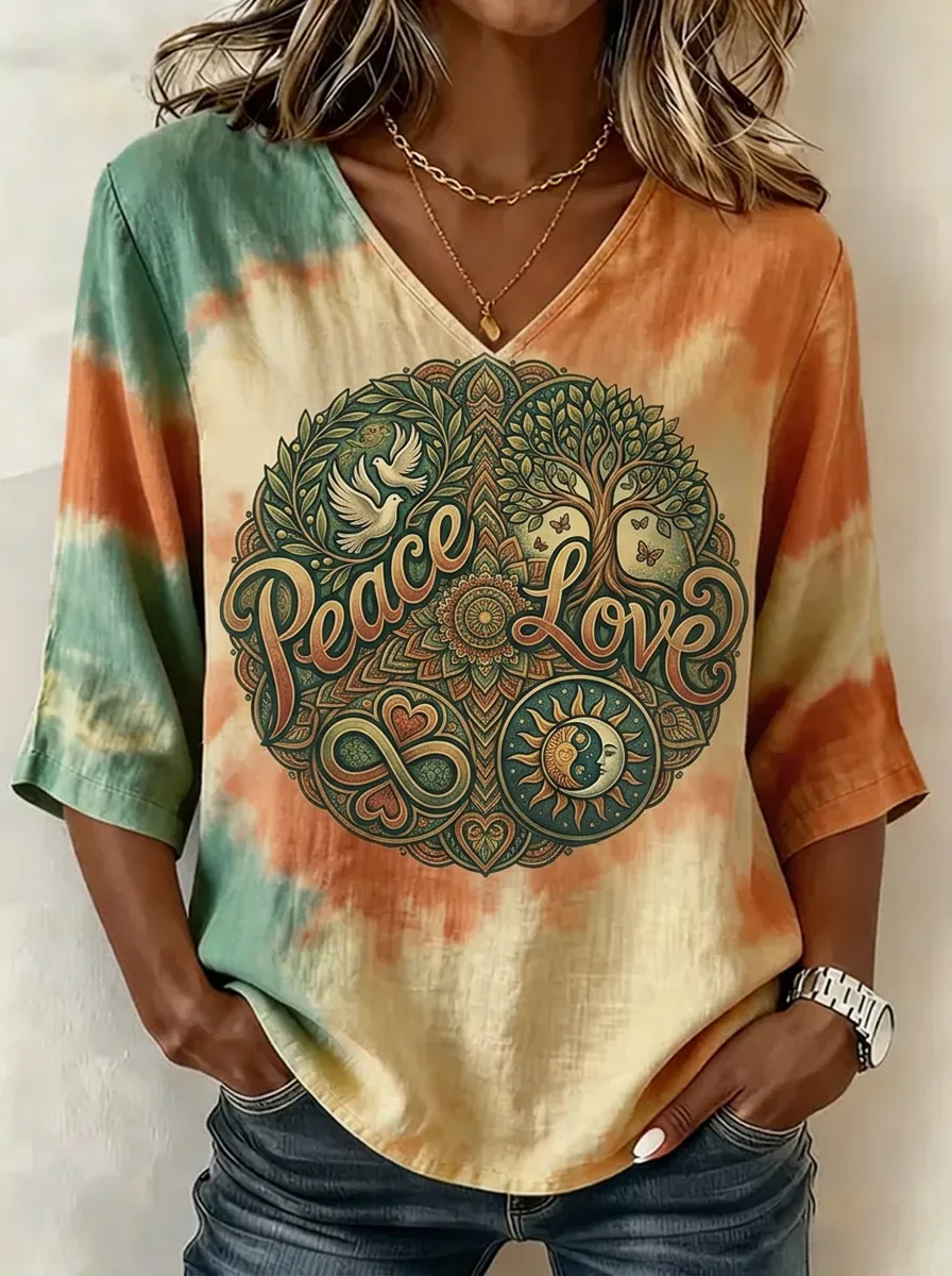 Women's Nashville Peace Love Mandala Printed V-neck T-shirt