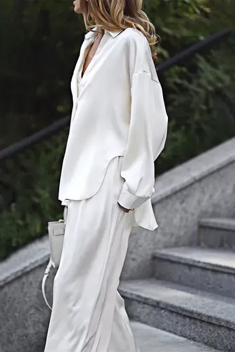 Women's Fashion Solid Color Silk Fabric Tank Top and Shirt and Pants Three Piece Set