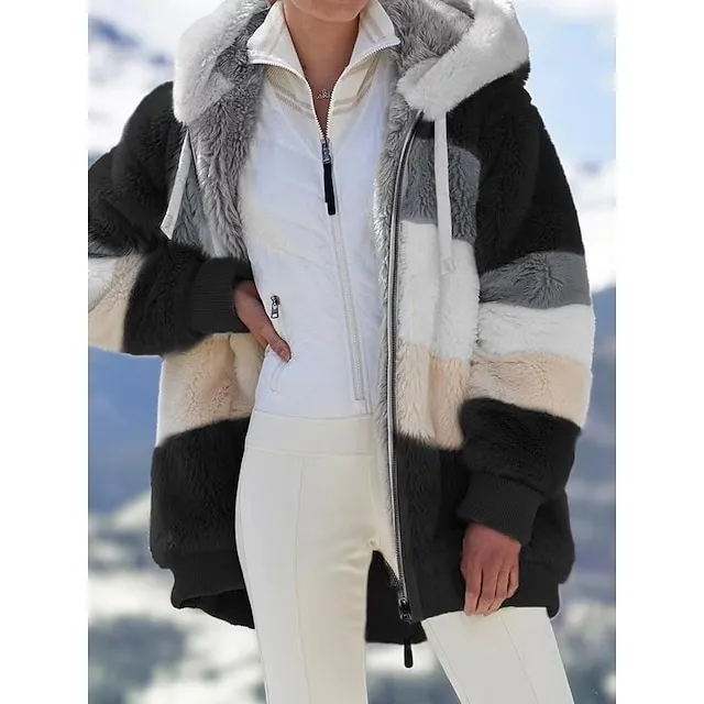 Women's Zip Hoodie Sweatshirt Fleece Pullover Sherpa Fleece Teddy Zip Up Black Wine Blue Color Block Loose Fit Street Casual Hoodie Plus Size Long Sleeve Top Fleece lined Micro-elastic Fall & Winter
