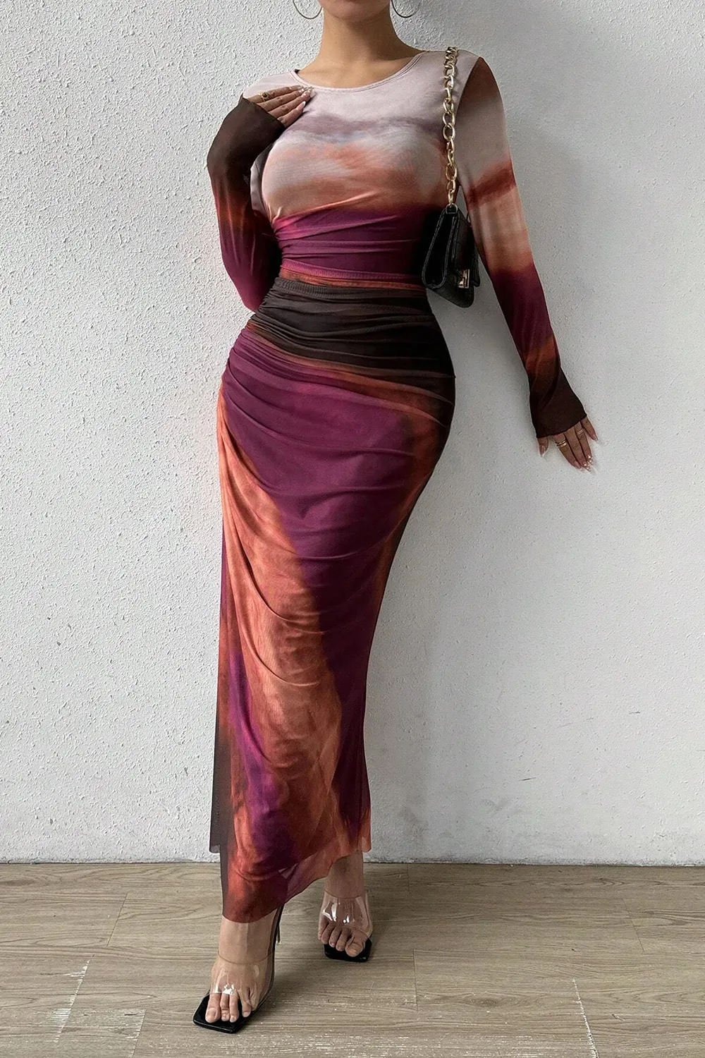 Women's Tie Dye Long Sleeve Pleated Dress Multicolor