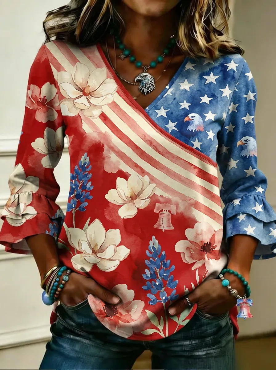 Women's Nashville Patriotic Eagle Floral Printed V-neck Top